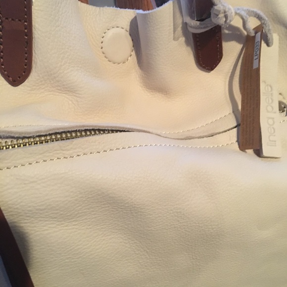 NWT Linea Pelle Cream Leather Tote W Stud Detail & Crossbody - Picture 5 of 15